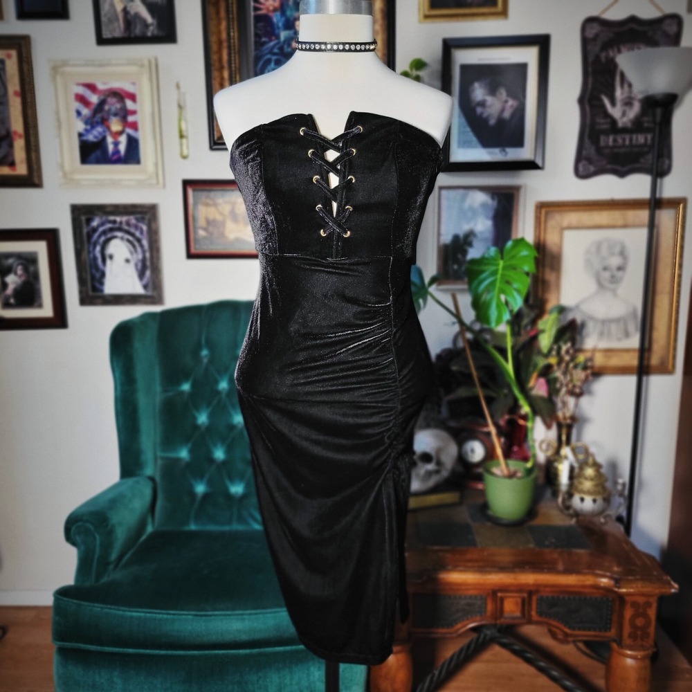 Iris Black Velvet Strapless Dress Midi‎ Corset Stretchy Bodycon Lace Up Goth